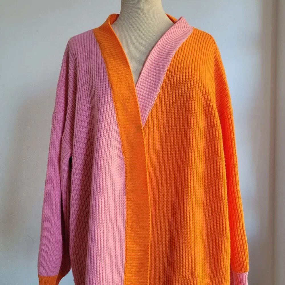Women’s Color Matching Casual Loose Long-sleeved Knitted Cardigan (Size: L)